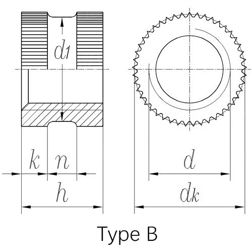 DIN 16903 (B): Tuerca de inserción ranurada moleteada tipo B de 1974