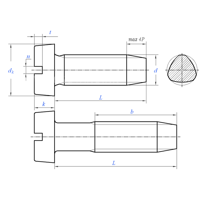 DIN 7500 (AE): Tornillo formador de rosca con ranura en cabezal, modelo AE 2000, diseñado para autoformar rosca y ejercer función de bloqueo.